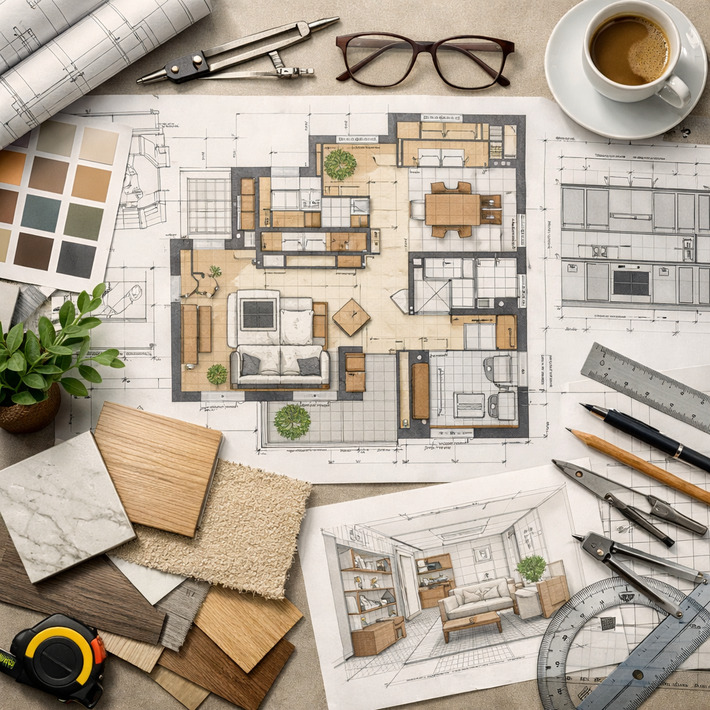 Architectural floor plan with interior layout and design tools on desk